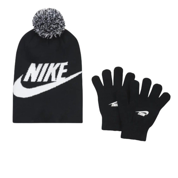 Nike Boys Big Kids Swoosh Beanie Hat Gloves Set Black/White 8-20
